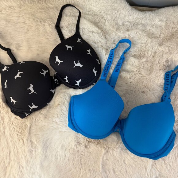 Set of 2 Victoria's Secret; Black Dog Print & Blue Push-Up Bras Sz 32D - Picture 1 of 6